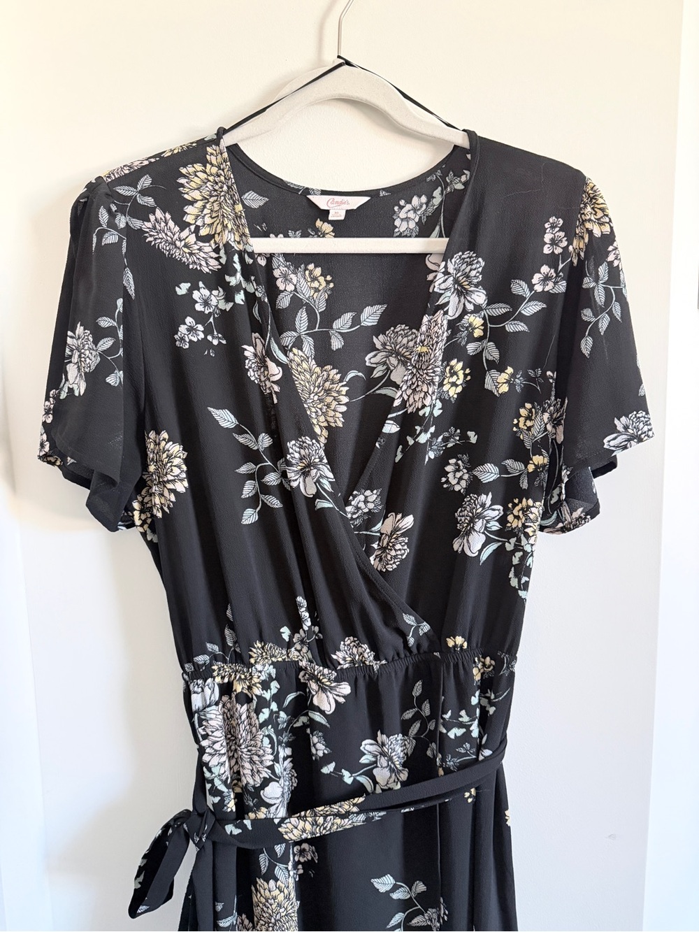 Candie's Black Floral Wrap Midi Dress with Cream and Pale Blue Blooms